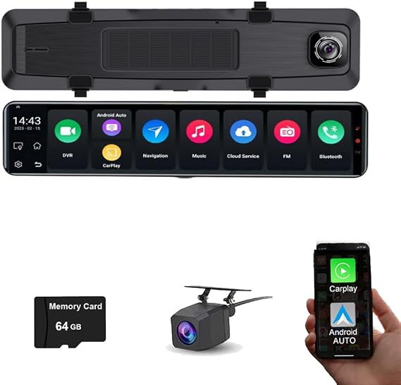 Carplay&Android Auto Car Rear View Mirror Dash Cam 12 inch IPS Touch Full screen 4G Android 10.0 RAM4GB+ROM64GB 5G Wifi GPS Navi Bluetooth remote monitoring Dual Lens FHD 1080P Video Recorder