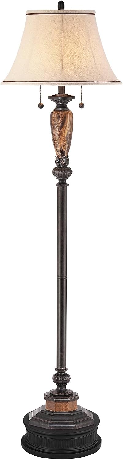 kathy ireland Sonnett Industrial Vintage Floor Lamp with Round Black Riser 68 Tall Bronze Faux Marble Ivory Linen Bell Shade for Living Room Reading House Bedroom Home Family Office