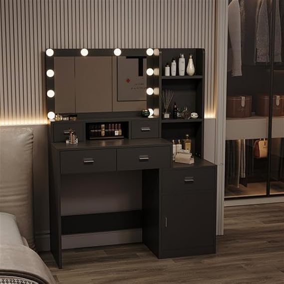 Vanity Set with Lights and Stool, Vanity Desk with Mirror and Lights, Vanity Desk with Drawers, Black Vanity with Lighted Mirror, Dressing Table Set with 5 Drawers