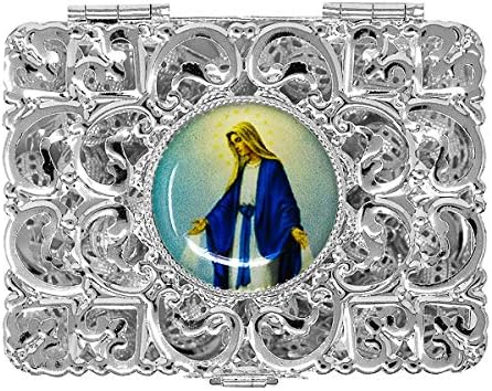 Silver Miraculous Rosary Box Depicting Our Lady of Grace - Catholic Gifts + Lourdes Prayer Card