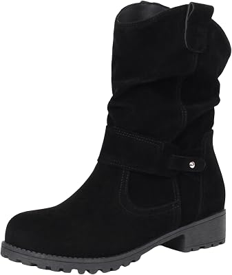 Womens Fashion Slouch Boots - Mid Calf, Round Toe Dressy Flat Heel Winter Boots - Wide Width