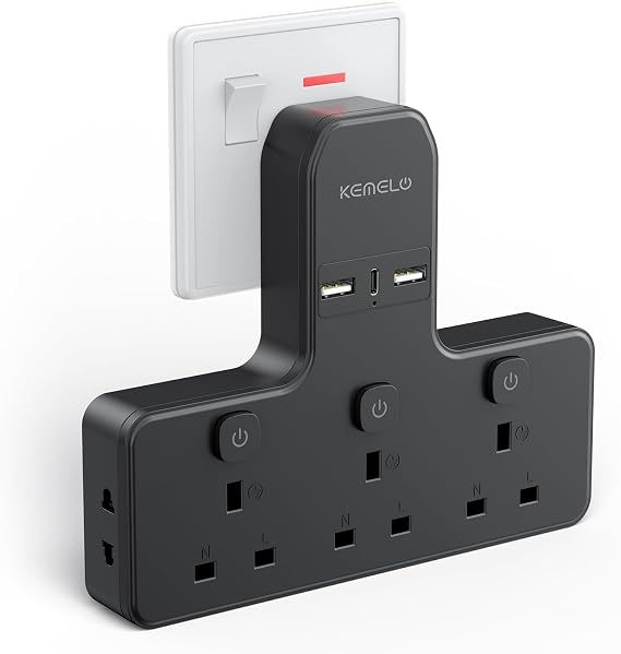 Multi Plug Adapter (3250W/13A), Plug Extension Socket with 3 USB, 3 Way Plug Adapter UK Built-in with Independent Switches,Wall Plug Extender for School Home, Kitchen, Office