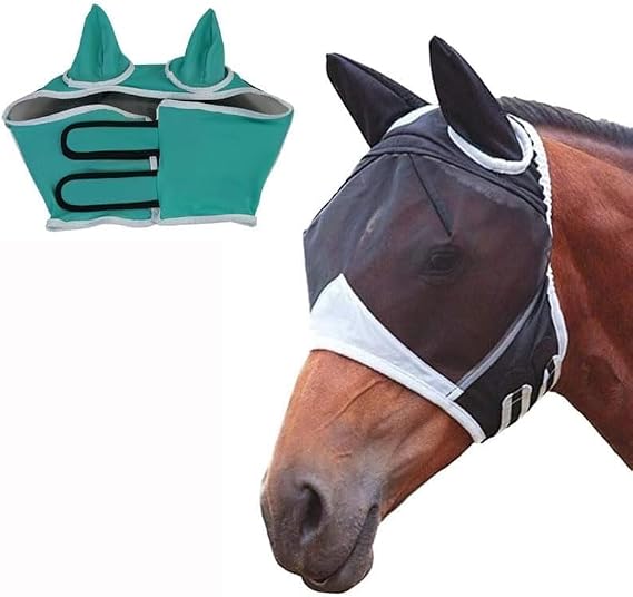 Horse Fly Mask, Horse Fly Mask with Cover Uv Protection,Fly Masks for Horses with Ears (Black, L)