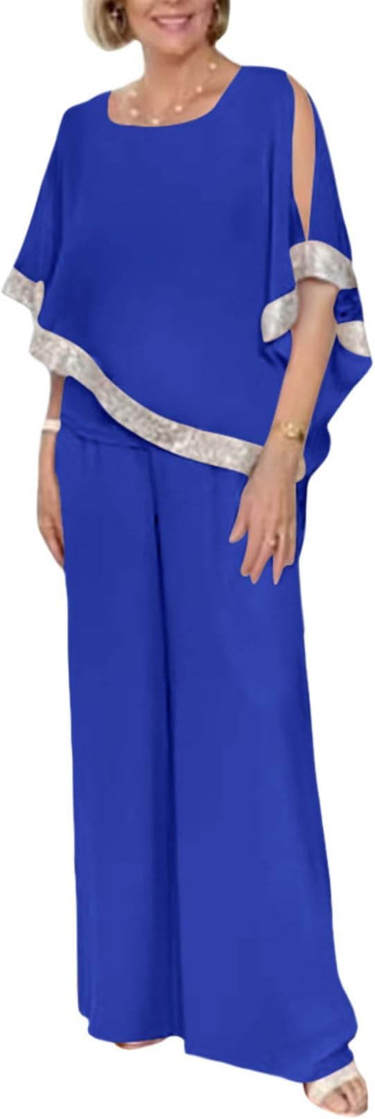 Zhyaj Chiffon 2 Piece Pant Suits for Womens Long Pant Batwing Sleeve Elegant Pantsuit Mother of Bride Sets Outfits