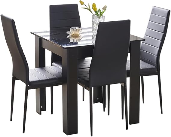 Rainbow Tree Modern 5 Piece Dining Room Table and Chairs Set, Wooden Square Table with 4 Chairs for Small Space Apartment Space Saving (Black Table+4 Black PU Chair)