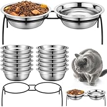 12 Pack Stainless Steel Cat Food Bowls 5.5 Inch Raised Cat Bowls with One Metal Stand Elevated Pet Feeding Water Feeder Dishes for Indoor Kitten Puppy Dogs Feeding Dish to Prevent Fatigue