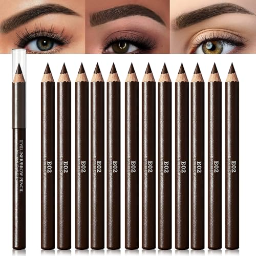 12Pcs Dark Brown Eyebrow Pencils for Women, Wooden Hard-Core Eyebrow and Eyeliner Pencil, Long Lasting Waterproof and Sweat-Proof, Beginner Makeup Brow Pencil Dark Brown