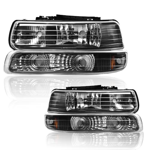 G-PLUS Headlights Assembly, Compatible with Chevy Silverado 1999 2000 2001 2002Fit Suburban Tahoe 2000-2006 Bumper Headlamps, Clear Lens Black Housing Amber Reflector Left & Right,faros delanteros