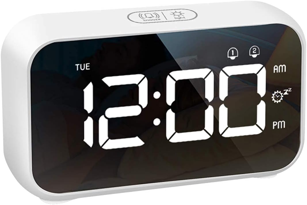 LATEC Digital Alarm Clock Bedside LED Display 40 Alarm Sounds, Adjustable Alarm Volume & Brightness, Snooze, Dual Alarms, USB Charger, 1224H, Week Display, Home Office Travel White