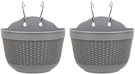 Hanging Flower Pots Set of 2,Plastic Hanging Planters Outdoor for Garden Fence Patio Home Ornaments Wall Mounted Flower Holders Flower Basket Indoor with 4 Hooks and Drainage (Grey)