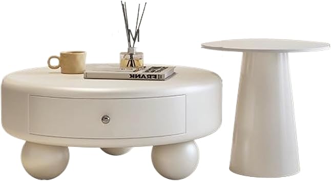 Nesting Coffee Table Set of 2, Circle Decorative Center Table with a Rock Slab Tabletop & Ball Shape Legs for Living Room(A)