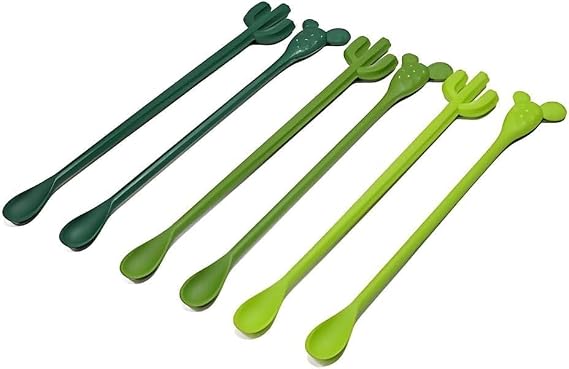 Mnixy 6-Piece Cactus Cocktail Stirrers with Spoon Ends, Green, 20.7 cm | Six reusable cactus drink stirrers with spoon ends, 20.7 cm long, for cocktails, mocktails, juice and party drinks.
