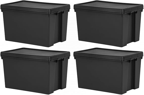 (Set of 4) 62L 62 Litre Recycled Heavy Duty Super Strong Storage Boxes Containers With Secure Lid Boxes Storage Containers Organizing Basket For Home Office Storage (62 LITRE, Black Bam)