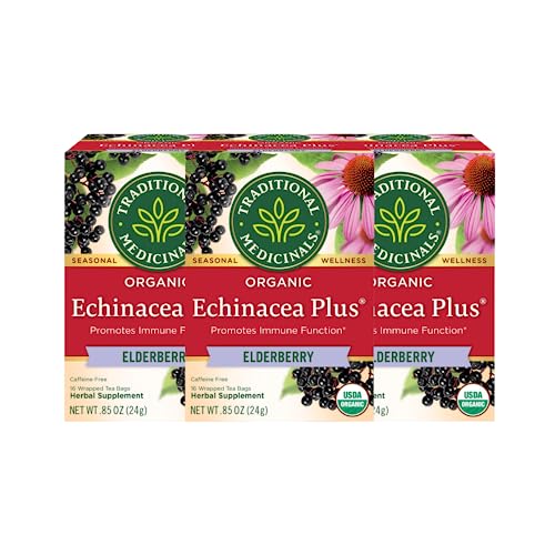 Traditional Medicinals Organic Echinacea Plus Elderberry Herbal Tea, Promotes Immune Function, Pack of 3 - 48 Tea Bags Total
