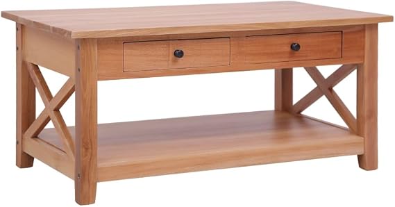 Natural Brown Solid Mahogany Wood Coffee Table with 2 Drawers & Shelf, 39.4x21.7x18.1 in, Durable Rectangular Living Room Furniture
