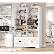 HIFIT 78" Tall Bookshelf Storage Cabinet with Barn Doors and Display Shelves, 5-Tier Bookshelves and Bookcases with 10 Open Cubes for Record Player, Tall Cabinet for Study, Office, Living Room, White