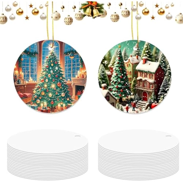 36 Pcs Metal Sublimation Ornament Blanks Bulk Double Sided, Aluminum Sublimation Christmas Ornament Blanks, Round Christmas Sublimation Blanks with Strings for Gifts Christmas Tree Home Decor