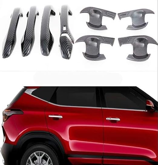 Carbon Fiber Style 4 Door Side Door Handle Molding Cover and Cup Bowl Combo Trim Emblems Compatible for Kia Seltos 2020-2021