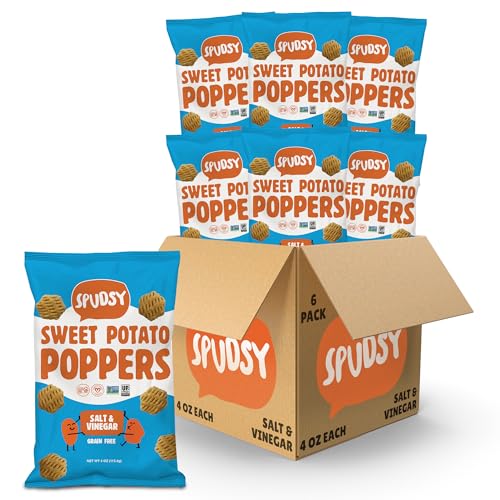 Spudsy Salt & Vinegar Sweet Potato Poppers | Vegan, Gluten Free Veggie Puffs | Plant-Based, Non-GMO, Kosher, Superfood Snack | 6 Pack, 4 oz Bags