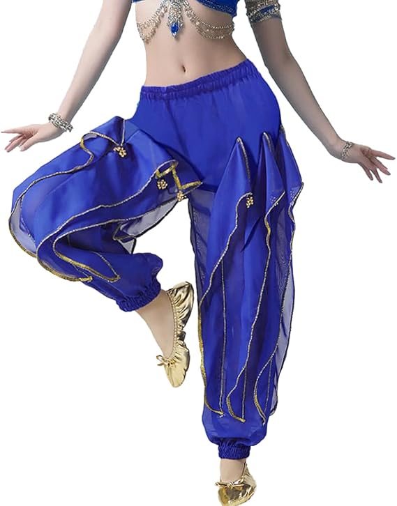 Womens Belly Dance Harem Pants with Golden Trim High Waist Stretchy Pants for Yoga Practice Stage Performance