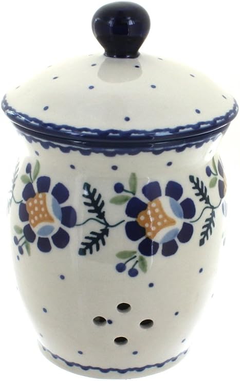 Blue Rose Polish Pottery - Yellow Sunflower Garlic Keeper - 7.25" Tall - Ceramic Storage Jar with Vent Holes