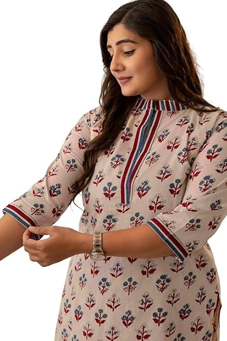Womens Cotton Kurti | Cream Indian Tunic Top with Floral Print | Straight Kurta with 3/4 Sleeves Ethnic & Casual Wear