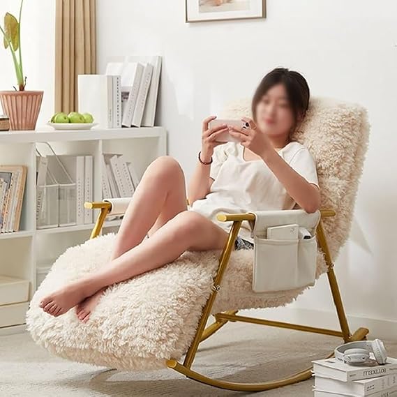 Flannelette Relax Rocking Chair with Footstool,Patio Rocking Chair with Side Pockets,Adjustable Backrest Height,for Living Room Bedroom Office