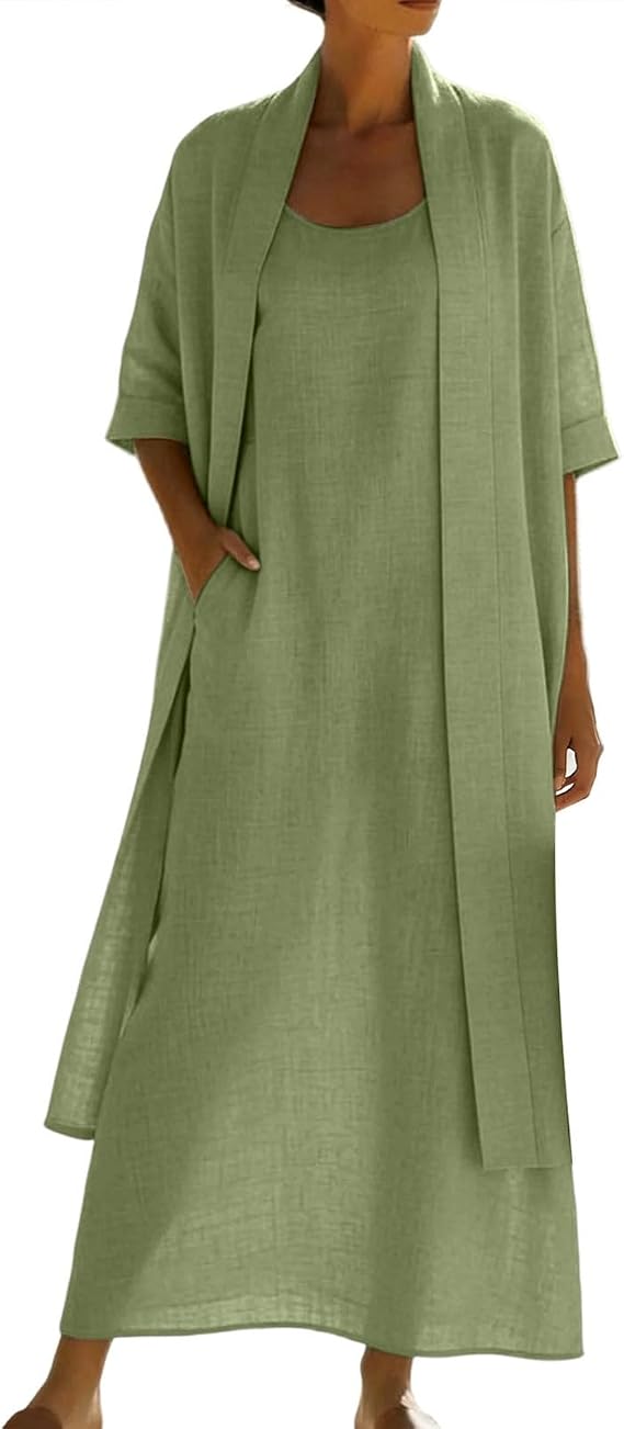 Women's 2 Piece Set Cotton Linen Maxi Dress and Open Front Duster Long Cardigan Sets Elegant Cozy Lounge Outfits