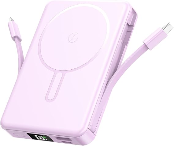 Magnetic Portable Charger, 22.5W Power Bank Fast Charging 10000mAh, Portable Charger with Built in Cable, for Magsafe Battery Pack Compatible with iPhone 17/16/15/14/13/12 Pro/Pro Max Purple