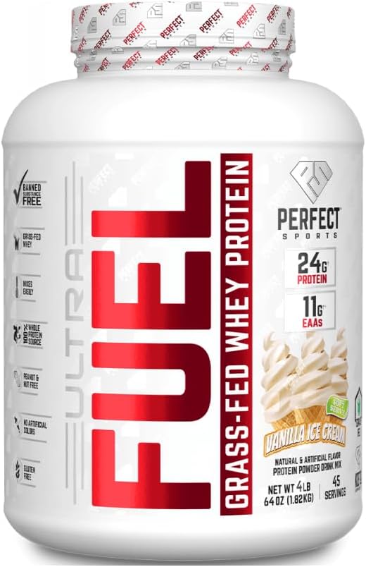 PERFECT SPORTS Ultra Fuel 100% Grass-Fed Wey Protein | No Artificial Colors, Gluten Free, Keto | Low Sugar | 11g EAAs, 2g Carbs, 24g Protein | 4 Pounds (Vanilla Ice Cream)