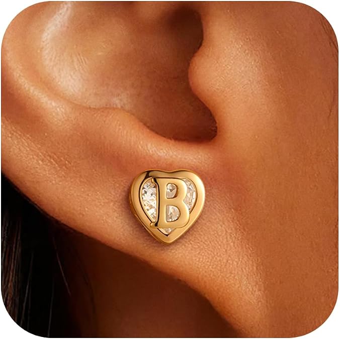 Heart Initial Earrings for Women, Never Fade Heart Initial A-Z Stud Earring 18K Gold Plated CZ Earrings Stacks Hypoallergenic Earring Piercing Gift for Women Trendy Jewelry Gifts