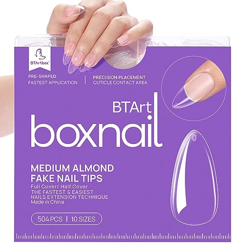 BTArtbox 500pcs Almond Nail Tips - Full Cover with Case for Nail Salons and DIY Nail Art, 10 Sizes
