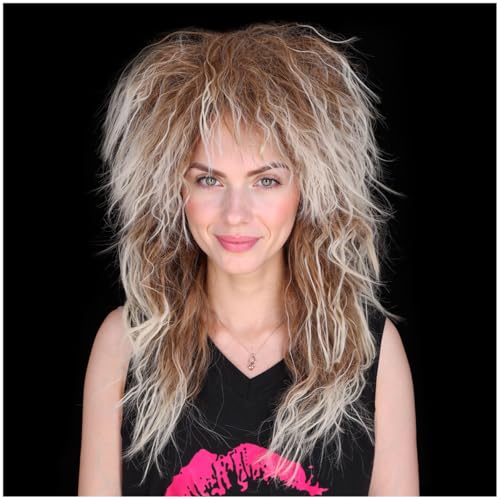 FantaLoonk Long Brown Gradient Blonde Wave 80s Wig 70s Halloween Mullet Cosplay Wig for Women