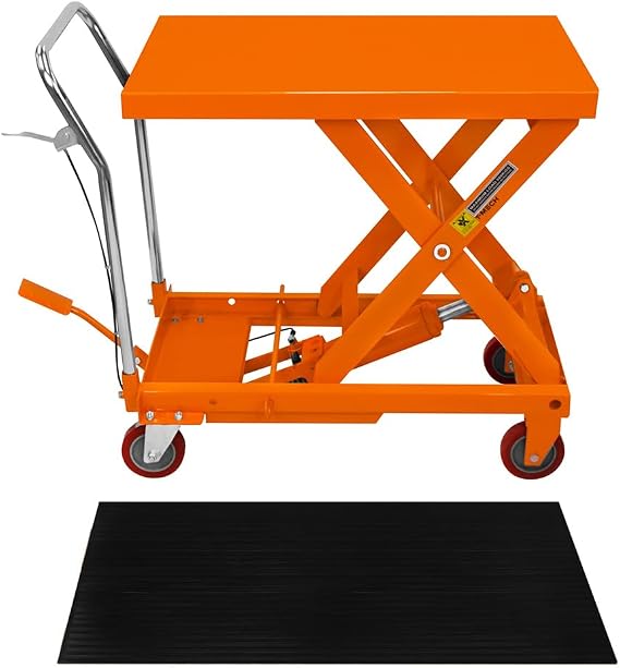 Hydraulic Table Lift Scissor Platform 500KG 1100LBS Mobile Cart Trolley with Manual Foot and Hand Pedal Multi Height Position Locking 4 Wheels 81cm x 51cm Bench plus Anti Slip Rubber Mat Bundle
