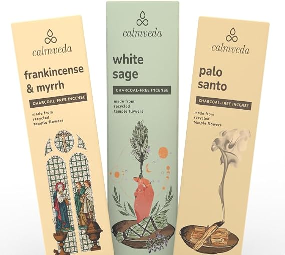 CALMVEDA, Frankincense and Myrrh Incense with Palo Santo Incense and White Sage Incense (80 Sticks + 1 Spray) | Beautiful Natural Incense and Spray for Meditation Environment and Spiritual Practice