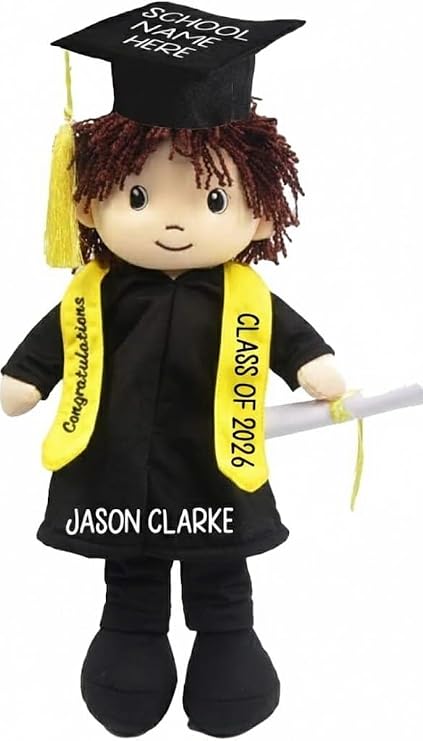 Printualist Personalized Graduation Dolls - 12 Custom Name & Year Soft Plush Keepsake with Cap, Gown and Diploma - Customized Graduation Gift for Kindergarten & Preschool Class of 2026 - Boy