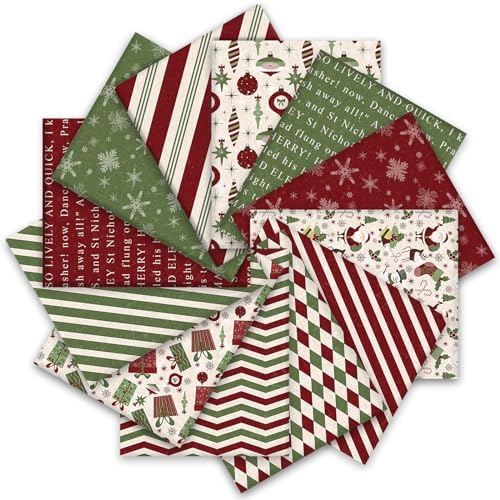 12Pcs Christmas Cotton Fabric Bundles Xmas Plaid Stripe Snowflake Gift Printed Fat Quarters Holiday Sewing Fabrics for DIY Handmade Crafting, 18 x 22 Inch
