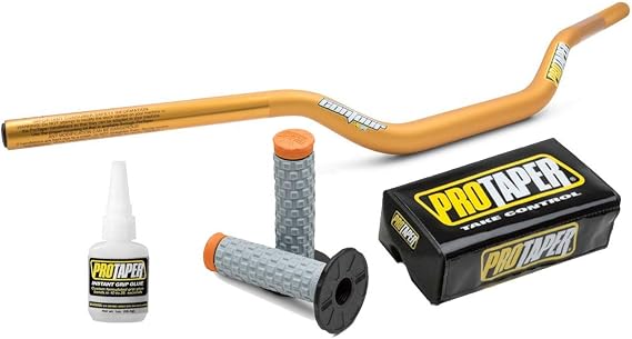 Pro Taper 2810D Gold Gold Carmichael Contour Handlebars & 024855 Orange Pillow Top Grips with TY-5AN Grip Glue