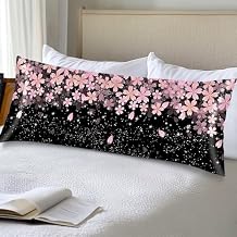 Silk Satin Body Pillow Cover for Hair and Skin,Cherry Blossom Long Pillow Case Protector with Envelope Closure,Flowers Pillow Covers Black Decorative Bed Cushion Covers Cases for Sleep,Sofa,20"x54"