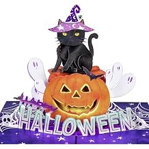 POPWOW Happy Halloween Black Cat Pop Up Card, Pumpkin, Bat, Spider Silk, Scary 3D Popup Greeting Cards, Gifts for Boy, Girl, Friend, Kid, Cat Lovers, 5x7 - Includes Envelope And Message Note