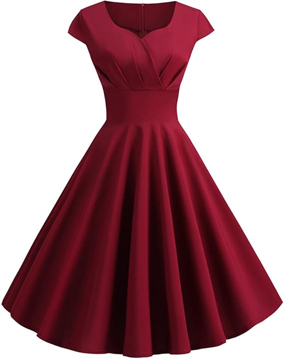 Women's V Neck Short Sleeve Solid Color Knee Length Dress French Hepburn Style High Waist Slim Dress 1950S Retro Evening Dress A Line Party Cocktail Dress Pomegranate Dress