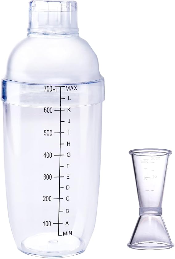 Plastic Bar Cocktail Shaker with Measuring Jigger Set,Hand Drink Mixer Boba Tea Shaker Cup with Scales,Bar Tool Transparent Protein(700ML)