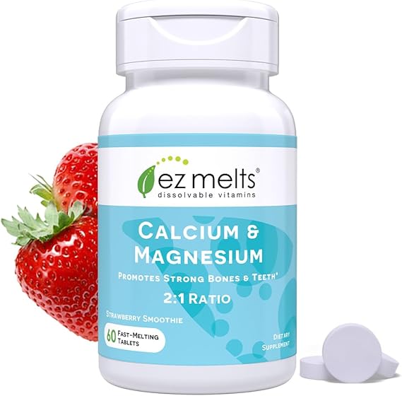 EZ Melts Calcium & Magnesium - Daily Supplement for Heart, Bone, Immune & Brain Health - with Vitamin D3 - Non-GMO & Vegan - Strawberry Smoothie - 60 Dissolvable Tablets (30 Servings)