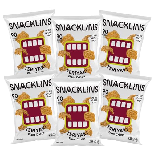 SNACKLINS Plant Based Crisps TERIYAKI - Gluten Free, Grain Free, 100% Kosher, Vegan Healthy Snacks, Crunchy Puffed Snack, Only 90 Calories Per Bag - .9oz Bag Case of 6