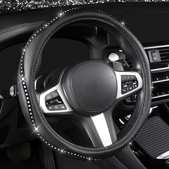 Bling Steering Wheel Cover - Crystal Studded Rhinestone Non-Slip Breathable Design for Women/Girls, Universal Fit 14.5-15 Inch Black