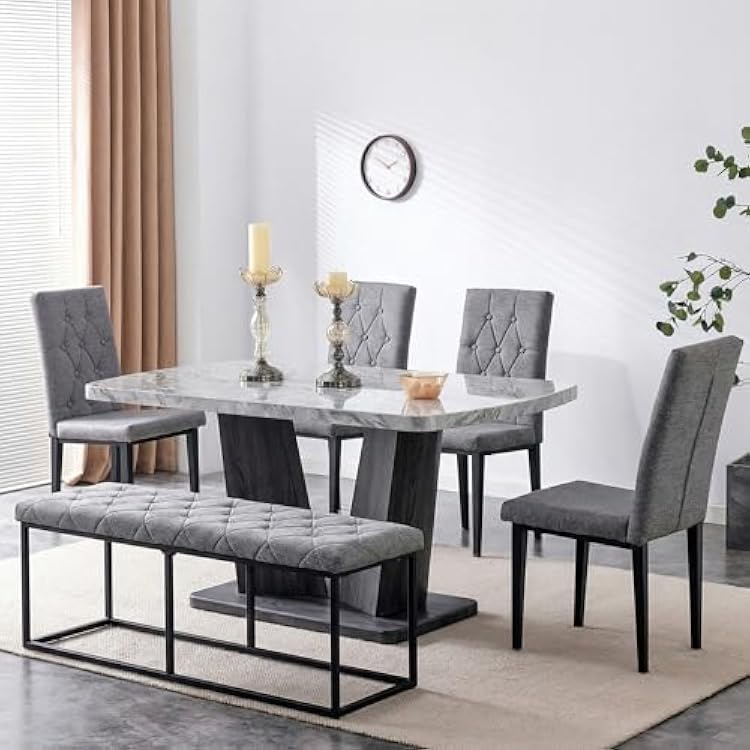 Marble Dining Table Set for 6,6-Piece Rectangular Dining Room Table Set,Faux Marble Dining Room Table Set,1,8 Kitchen Modern Table Set with 4 Chairs 1 Bench,63 Grey Kitchen Table Chairs Bench Set