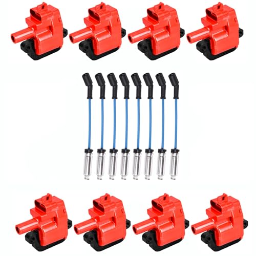 ENA Set of 8 Energy Ignition Coil and 7mm Blue Wire Set Compatible with Cadillac Chevrolet GMC Pontiac Workhorse Custom Chassis CTS B7 C6500 Topkick Firebird 5.7L 7.4L 7.2L Replacement for UF192