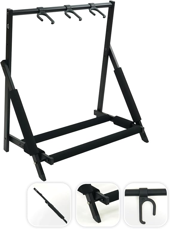 Stage Rocker Multi Guitar Stand, Foldable 3 Holder Rack with Adjustable Height & Width, Easy Assembly & Storage, Reliable Soft Foam Padding to Protect Acoustic or Electric Guitars & Basses, Black.