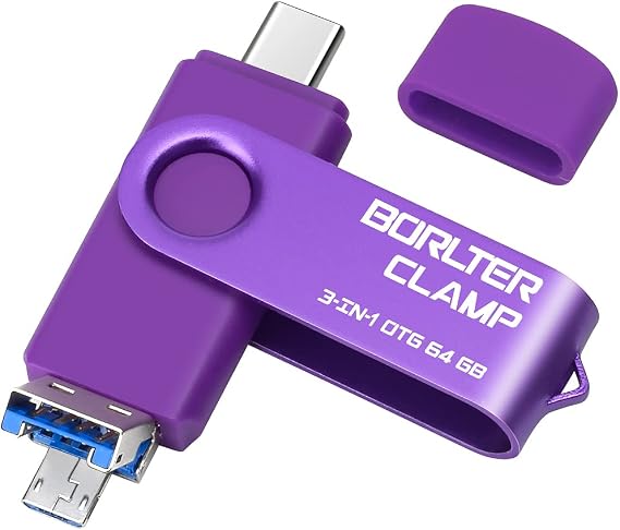 64GB USB 3.0 Flash Drive 3 in 1 Photo Stick for Android Phones, BORLTER CLAMP OTG Memory Stick with 3 USB Ports (USB C, microUSB, USB-A) for Samsung Galaxy, Tablet, PC and More (Purple)