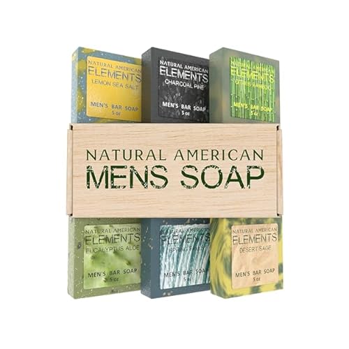 NATURAL AMERICAN ELEMENTS Mens Bar Soap - Masculine Scents, 100% Natural Soap for Men - Essential Oils, Organic Shea Butter - Made in USA, Body Wash - 5 oz 6pk